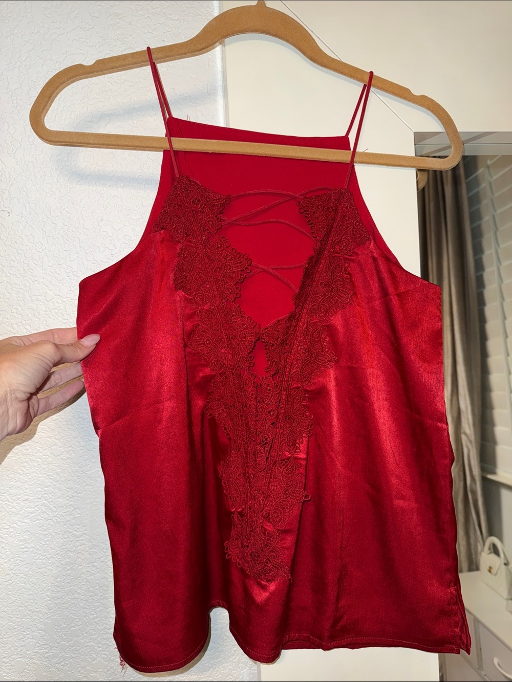 Red Lace-Trim Satin Cami with Strappy Back - Women Intimates